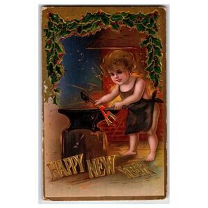 Vintage Embossed Happy New Year Postcard with Child Blacksmith Scene